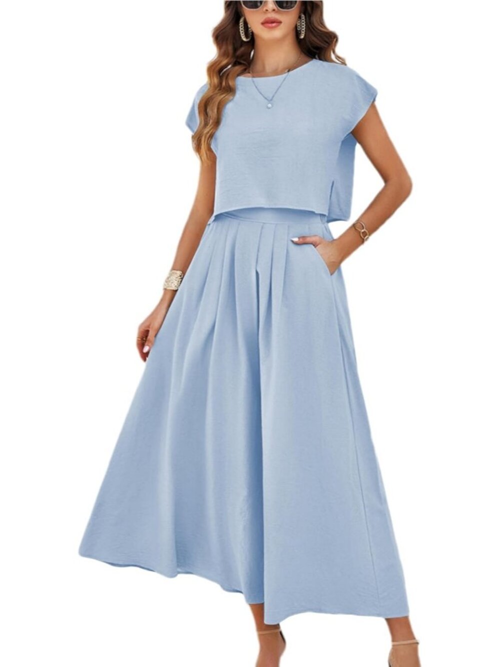 Women's Blue Casual 2 Piece Outfits Crop Tops Cap Sleeve Waisted Maxi Dresses